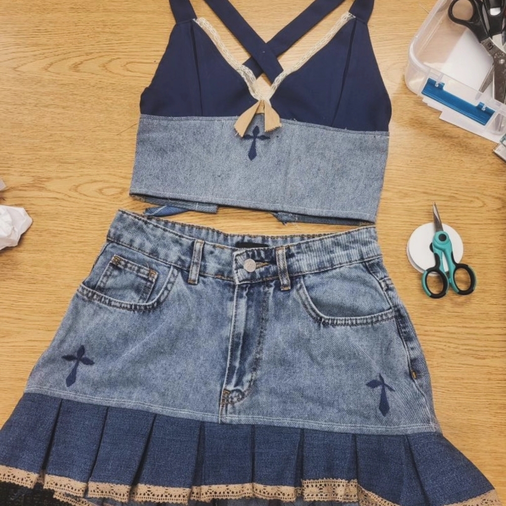 Hand made One Of A Kind Blue and Denim Two-Piece Set